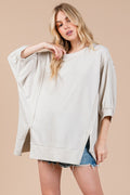 Ces Femme Side Slit Drop Shoulder Puff Sleeve Sweatshirt - Whispering Desires Shoppe