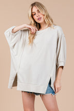 Ces Femme Side Slit Drop Shoulder Puff Sleeve Sweatshirt - Whispering Desires Shoppe