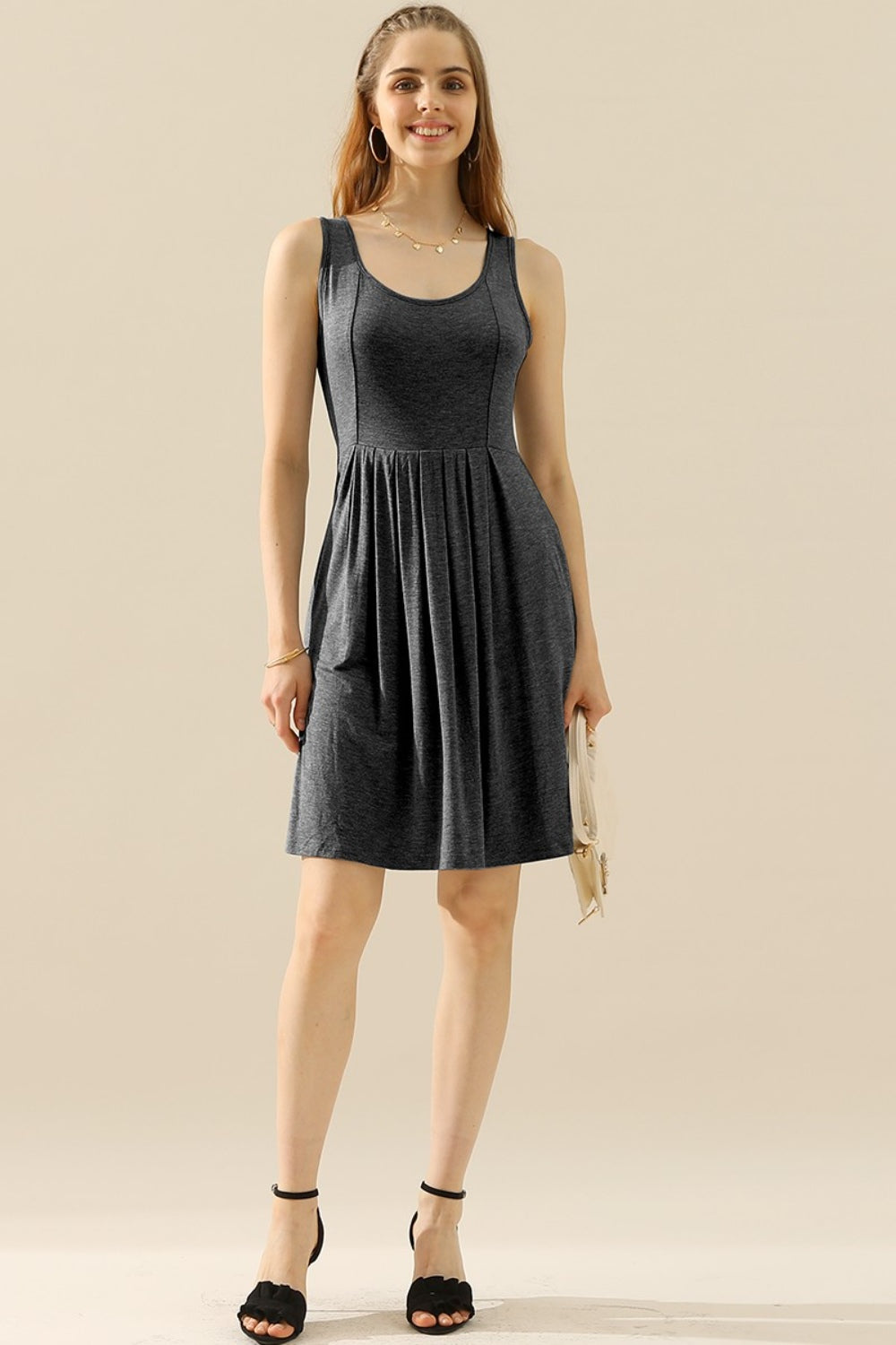 Doublju Ruched Round-Neck Sleeveless Dress w/ Pockets - Whispering Desires Shoppe