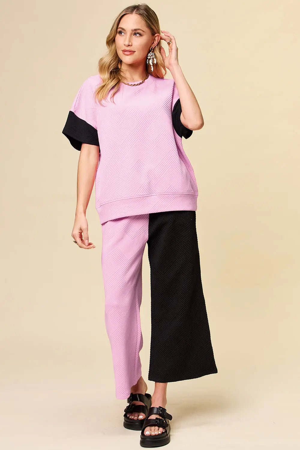 Double Take Texture Contrast Two-Piece Set — Wide Leg - Whispering Desires Shoppe