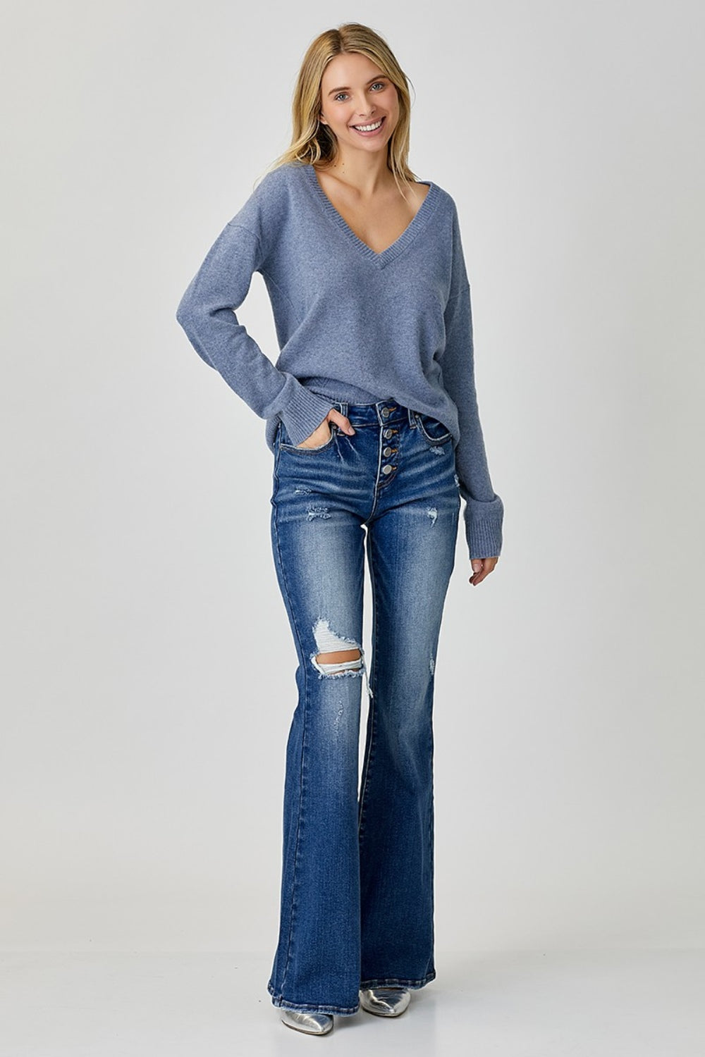 RISEN Distressed Button-Fly Flare Jeans - Whispering Desires Shoppe