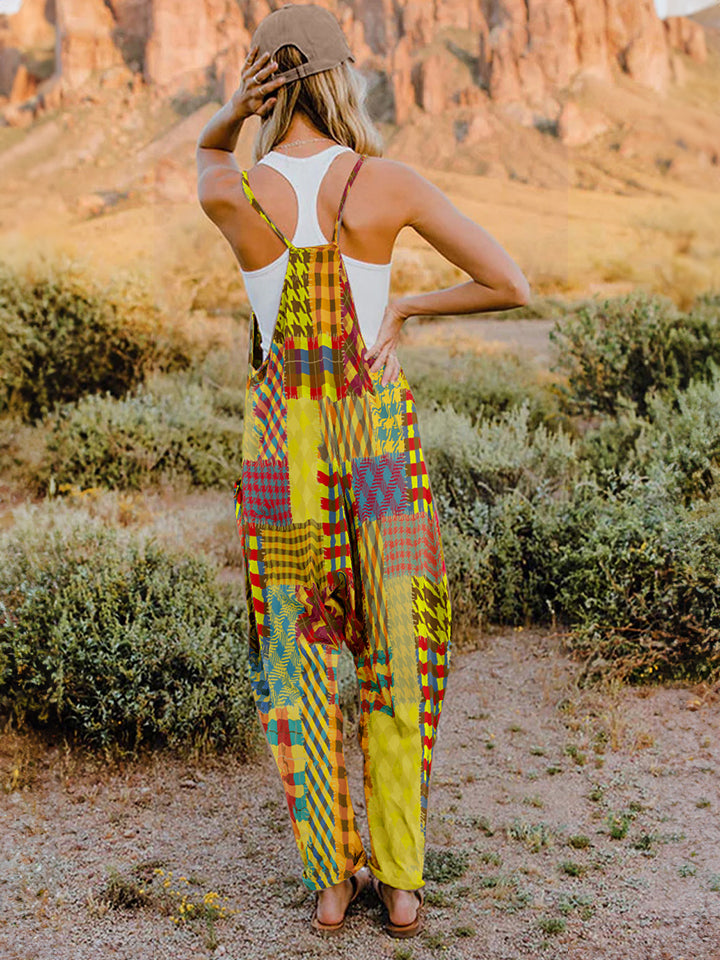 Full-Size Printed V-Neck Sleeveless Jumpsuit with Pockets - Whispering Desires Shoppe