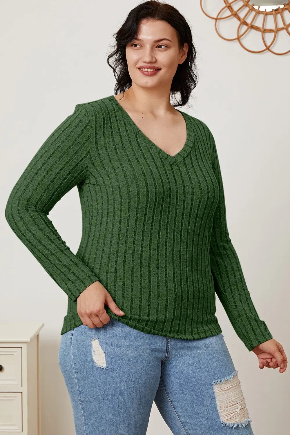 Basic Bae Ribbed V-Neck Long Sleeve Tee - Whispering Desires Shoppe