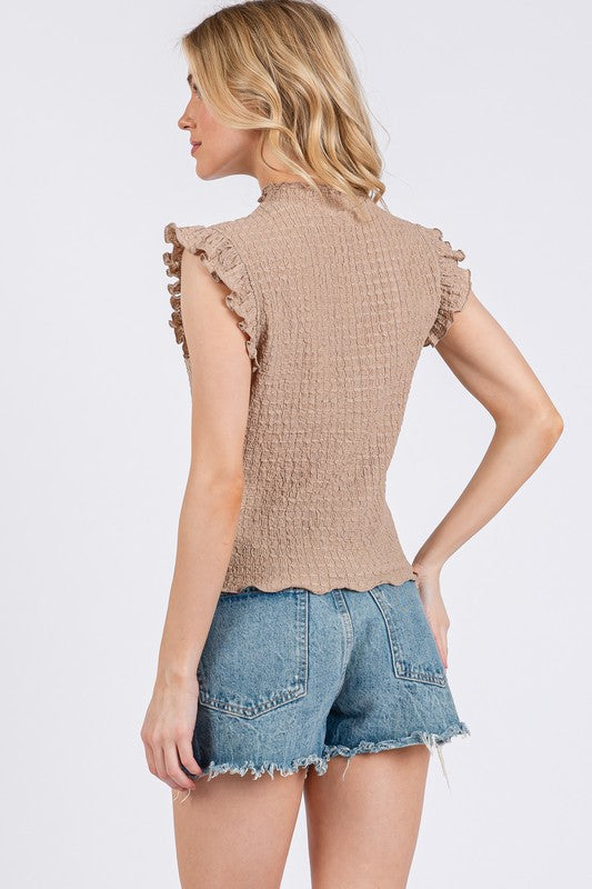 Ces Femme Texture Mock Neck Ruffle Cap Sleeve Blouse - Whispering Desires Shoppe