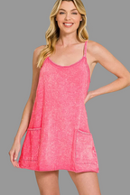 Zenana Acid Washed Mini Dress with Built-in Romper Liner and Pockets Trendsi