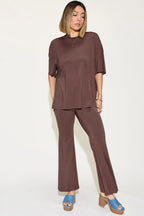 Basic Bae Full Size Bamboo Drop Shoulder T-Shirt and Flare Pants Set - Whispering Desires Shoppe