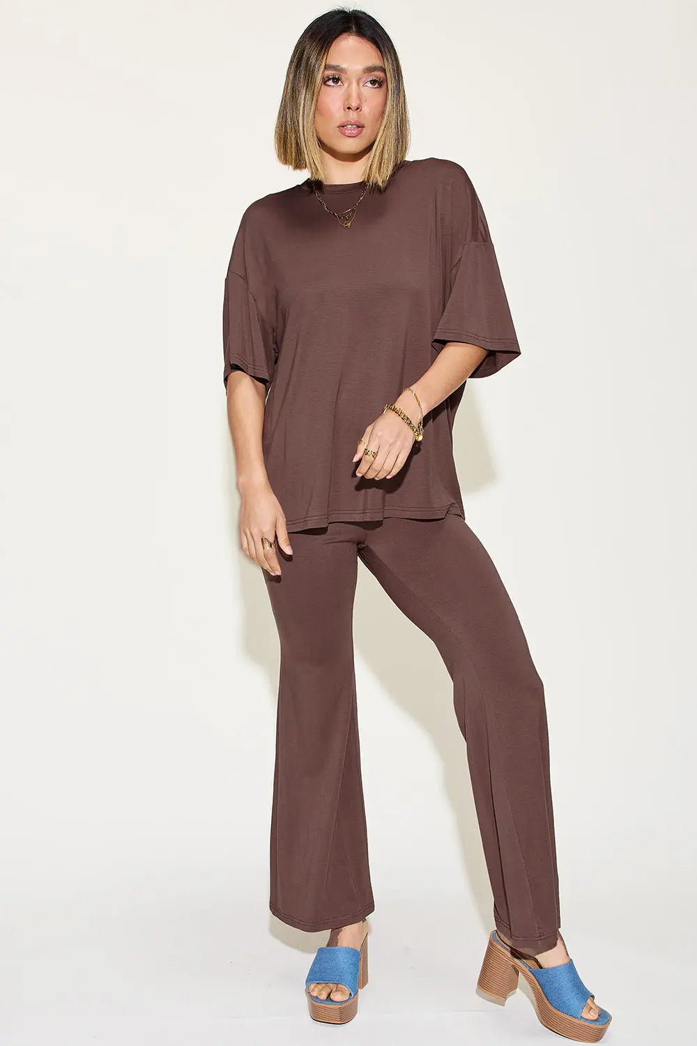 Basic Bae Full Size Bamboo Drop Shoulder T-Shirt and Flare Pants Set - Whispering Desires Shoppe