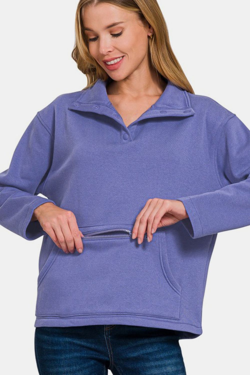 Zenana Turtleneck Half Snap Fleece Sweatshirt - Whispering Desires Shoppe