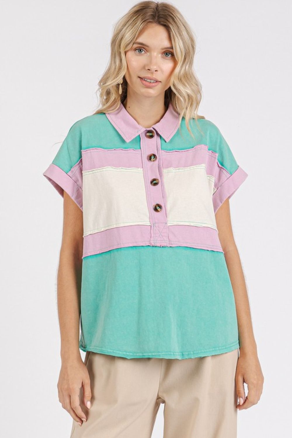 Mittoshop Color Block Henley Short Sleeve Polo Shirt - Whispering Desires Shoppe