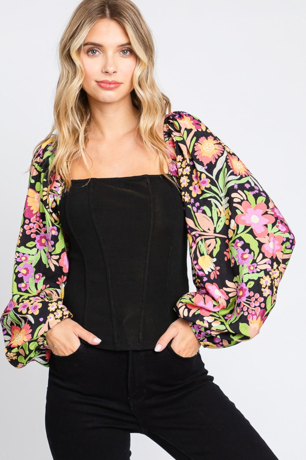 ODDI Full Size Floral Balloon Sleeve Blouse - Whispering Desires Shoppe
