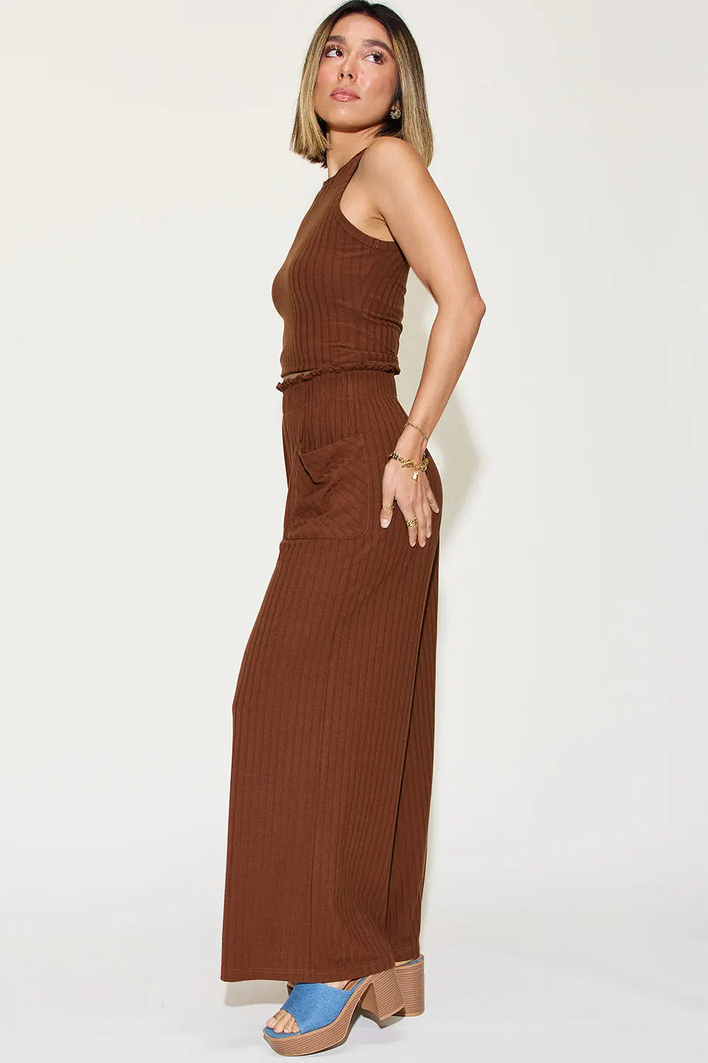 Ribbed Tank & Wide-Leg Pants Two-Piece Set - Whispering Desires Shoppe
