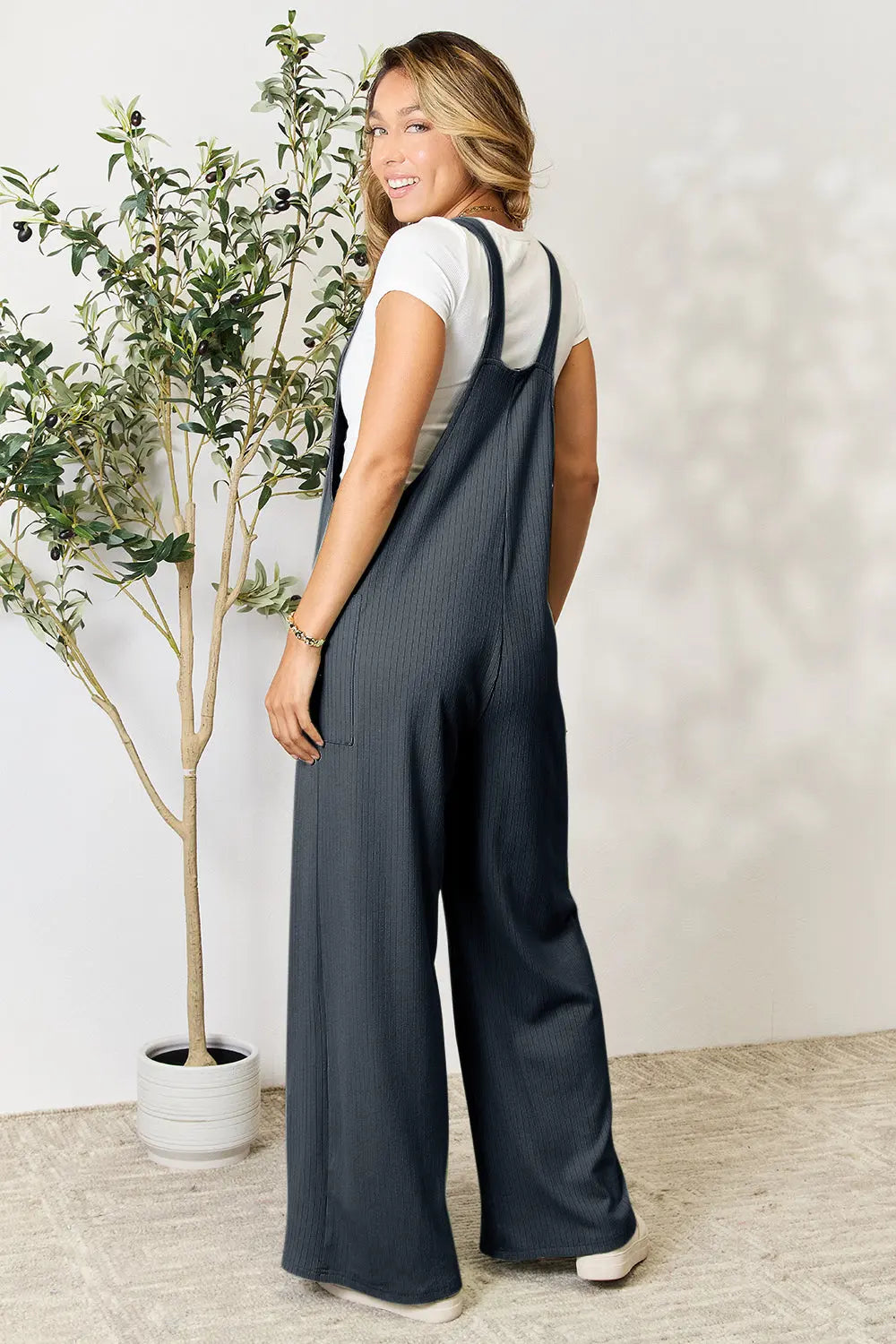 Double Take Wide-Strap Ribbed Overall with Pockets - Whispering Desires Shoppe
