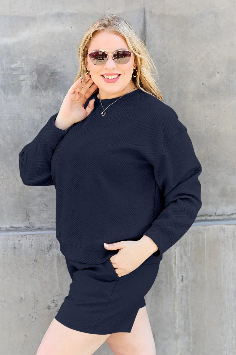 Double Take Textured Long Sleeve Top & Shorts Set - Whispering Desires Shoppe