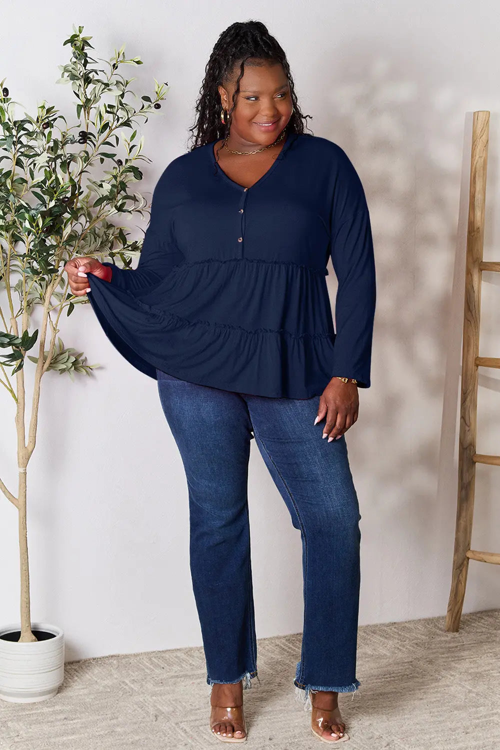 Double Take Ruffle-Hem Button Blouse - Whispering Desires Shoppe