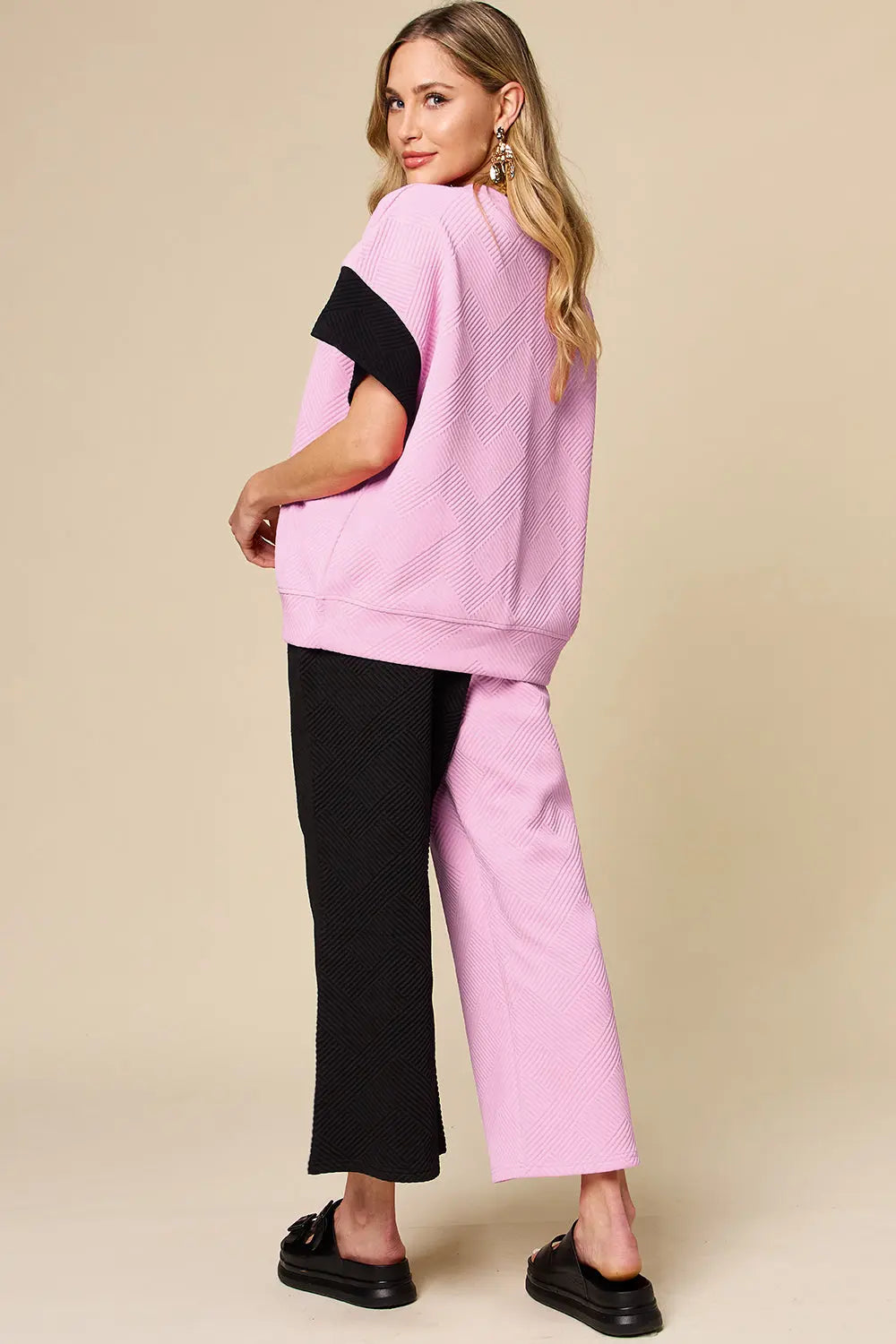 Double Take Texture Contrast Two-Piece Set — Wide Leg - Whispering Desires Shoppe