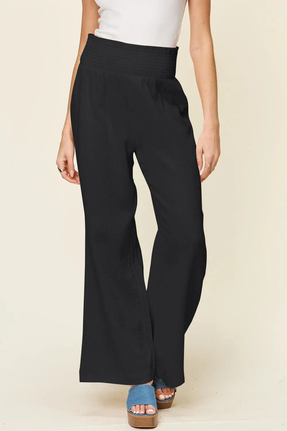 Double Take Smocked-Waist Wide-Leg Cotton Pants - Whispering Desires Shoppe
