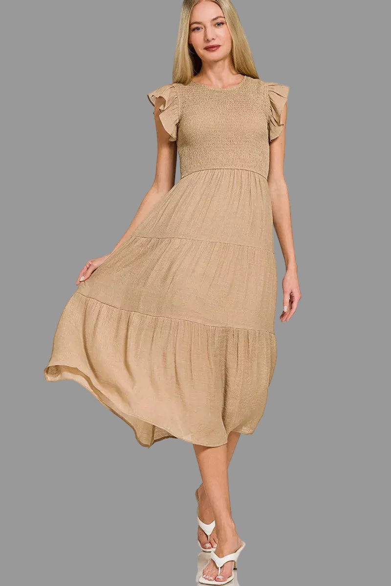 Zenana Woven Smocked Ruffle Sleeve Midi Dress | Tiered A-Line Style Trendsi