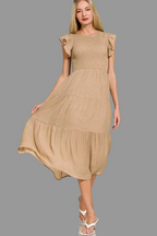 Zenana Woven Smocked Ruffle Sleeve Midi Dress | Tiered A-Line Style Trendsi