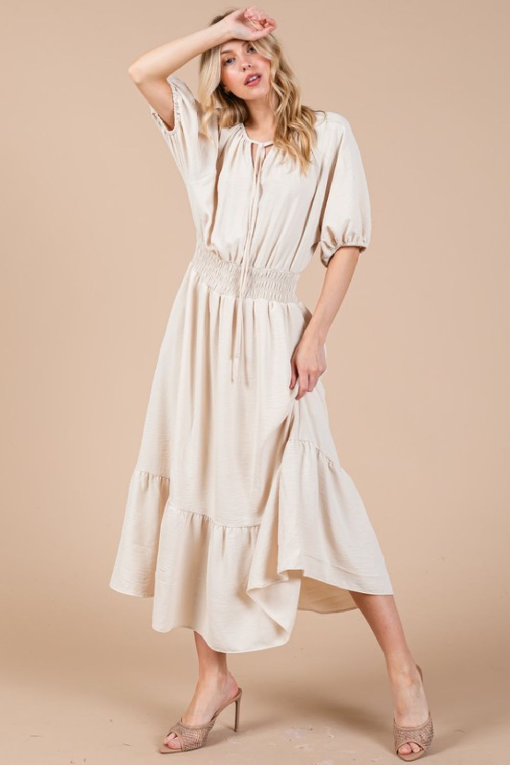 Ces Femme Smocked Elastic Waist Tie Neck Puff Sleeve Dress - Whispering Desires Shoppe