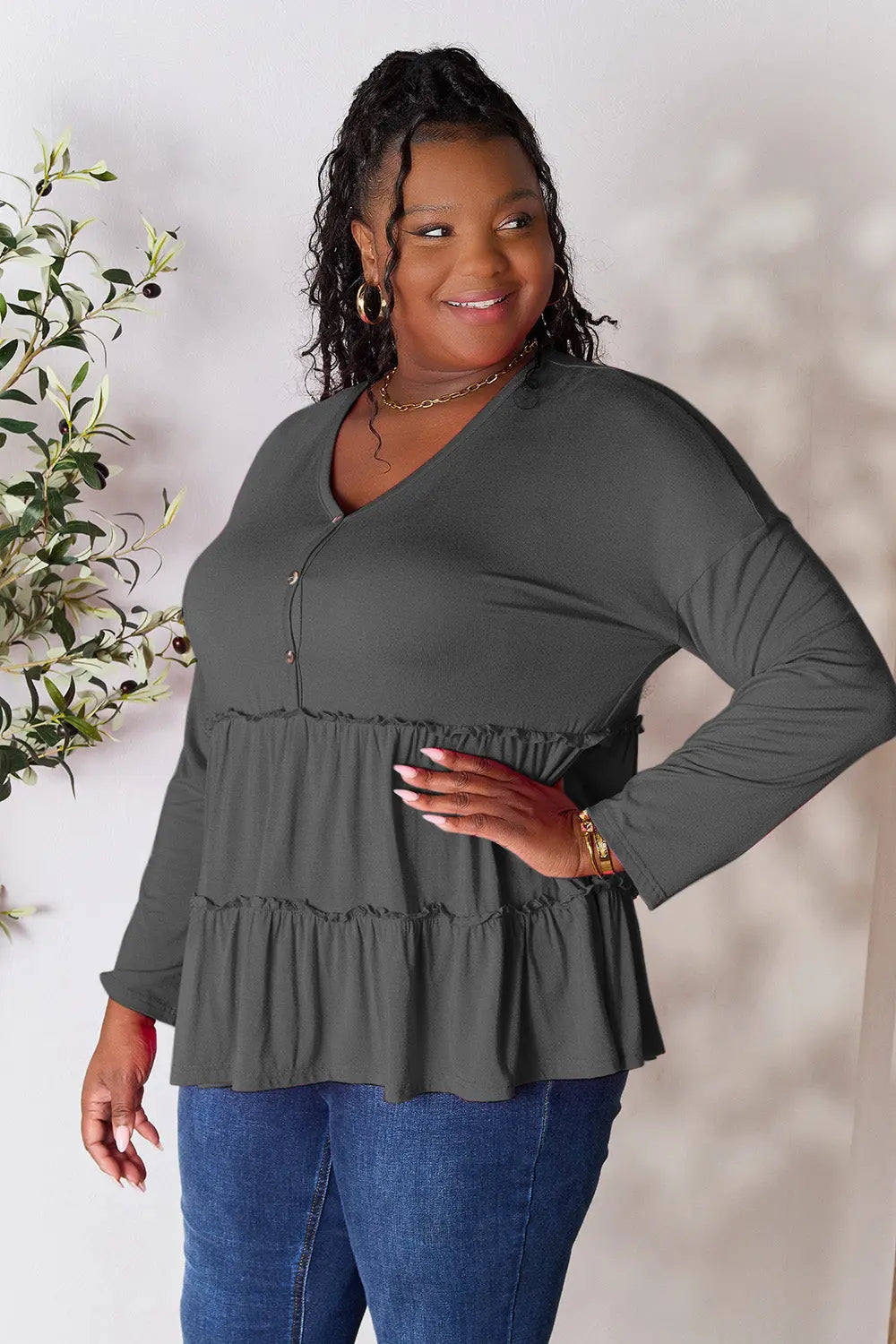 Double Take Ruffle-Hem Button Blouse - Whispering Desires Shoppe