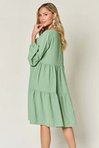 Double Take V-Neck Balloon Sleeve Tiered Dress w/ Pockets - Whispering Desires Shoppe