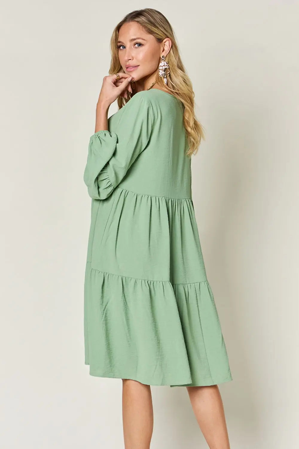 Double Take V-Neck Balloon Sleeve Tiered Dress w/ Pockets - Whispering Desires Shoppe