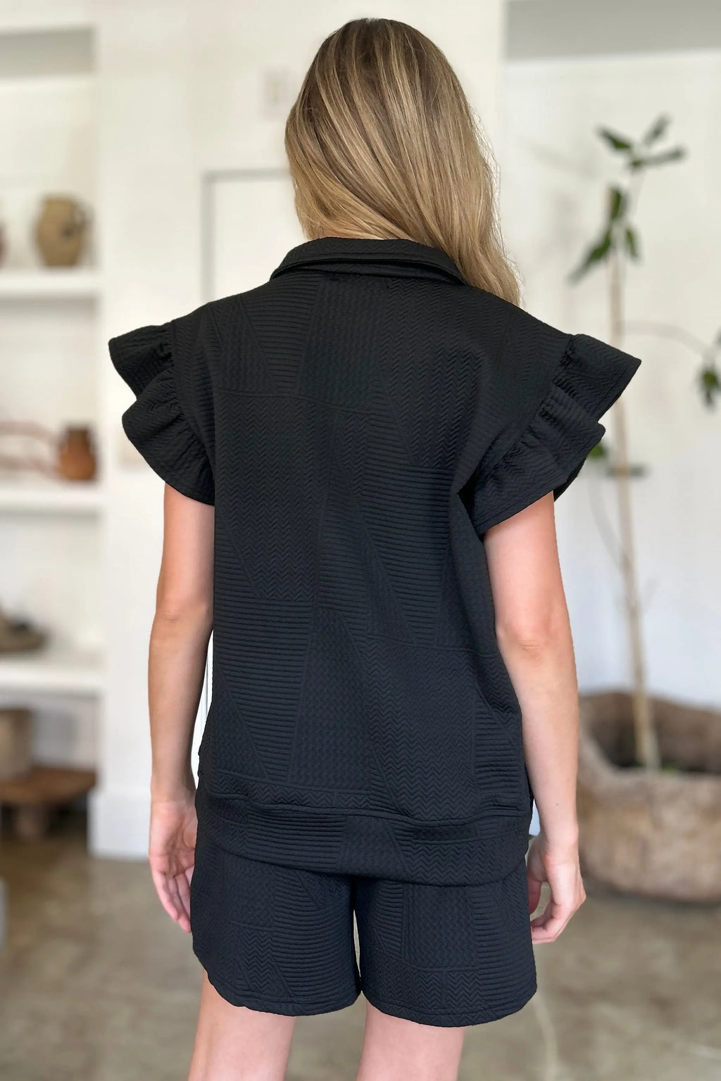 Double Take Flounce Sleeve Top & Drawstring Shorts - Whispering Desires Shoppe