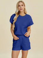 Double Take Textured T-Shirt & Drawstring Shorts Set - Whispering Desires Shoppe