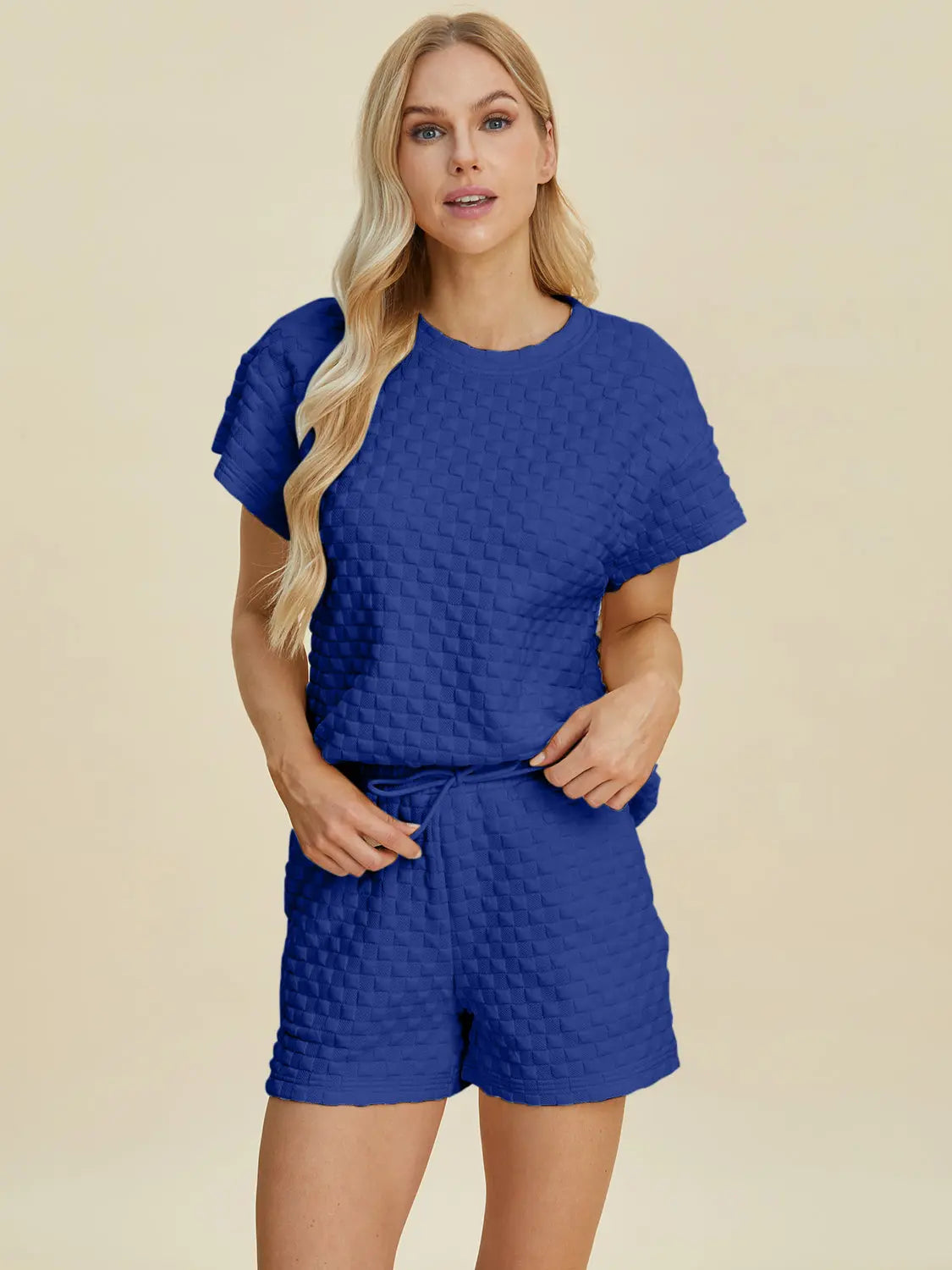 Double Take Textured T-Shirt & Drawstring Shorts Set - Whispering Desires Shoppe