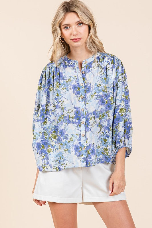 Mittoshop Flower Print Batwing Sleeve Button Down Blouse - Whispering Desires Shoppe