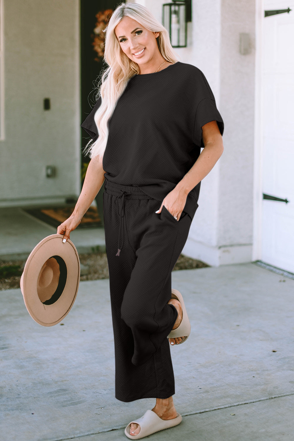 Double Take Full Size Texture Short Sleeve Top and Pants Set - Whispering Desires Shoppe
