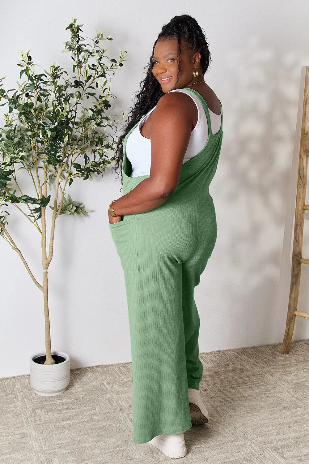 Double Take Wide-Strap Ribbed Overall with Pockets - Whispering Desires Shoppe