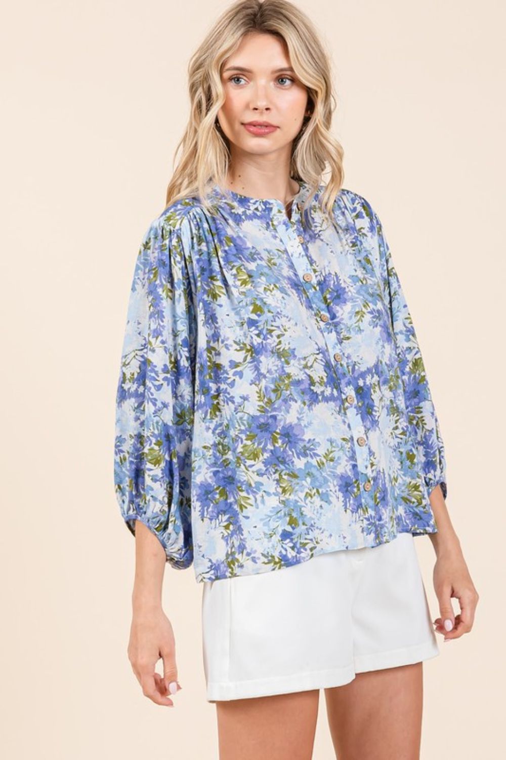 Mittoshop Flower Print Batwing Sleeve Button Down Blouse - Whispering Desires Shoppe