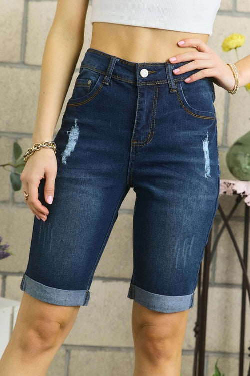 ADORA Distressed Denim Shorts with Pockets - Whispering Desires Shoppe