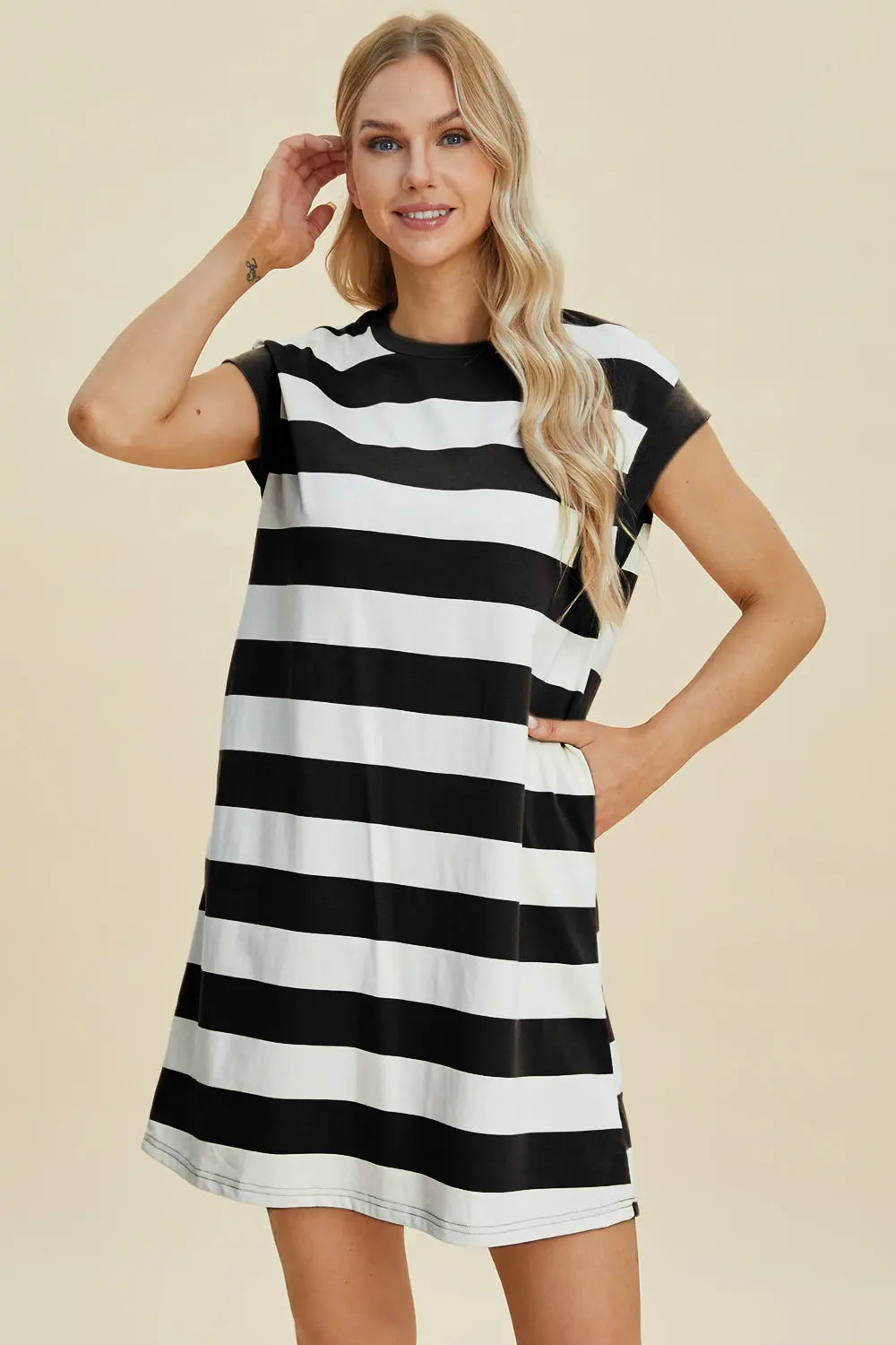 Striped Cap-Sleeve Mini Dress — Cotton-Blend Comfort - Whispering Desires Shoppe