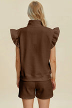 Double Take Flounce Sleeve Top & Drawstring Shorts - Whispering Desires Shoppe