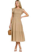 Zenana Woven Smocked Ruffle Sleeve Midi Dress | Tiered A-Line Style Trendsi