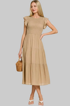 Zenana Woven Smocked Ruffle Sleeve Midi Dress | Tiered A-Line Style Trendsi