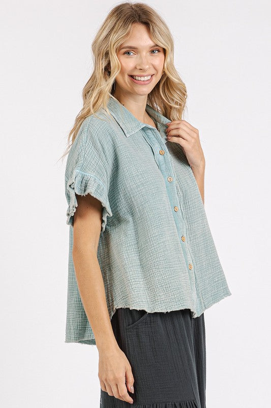 Mittoshop Mineral Washed Button Down Flounce Sleeve Shirt - Whispering Desires Shoppe