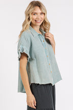 Mittoshop Mineral Washed Button Down Flounce Sleeve Shirt - Whispering Desires Shoppe