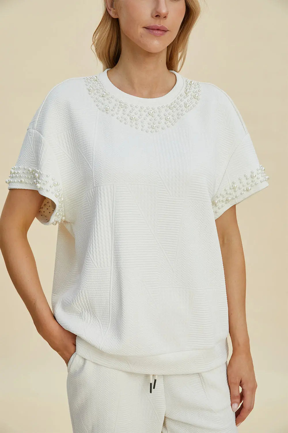 Double Take Full Size Pearl Detail Round Neck Top and Pants Set - Whispering Desires Shoppe