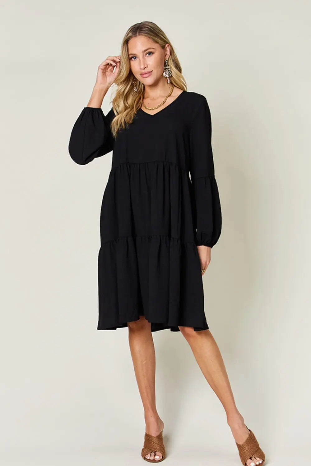 Double Take V-Neck Balloon Sleeve Tiered Dress w/ Pockets - Whispering Desires Shoppe