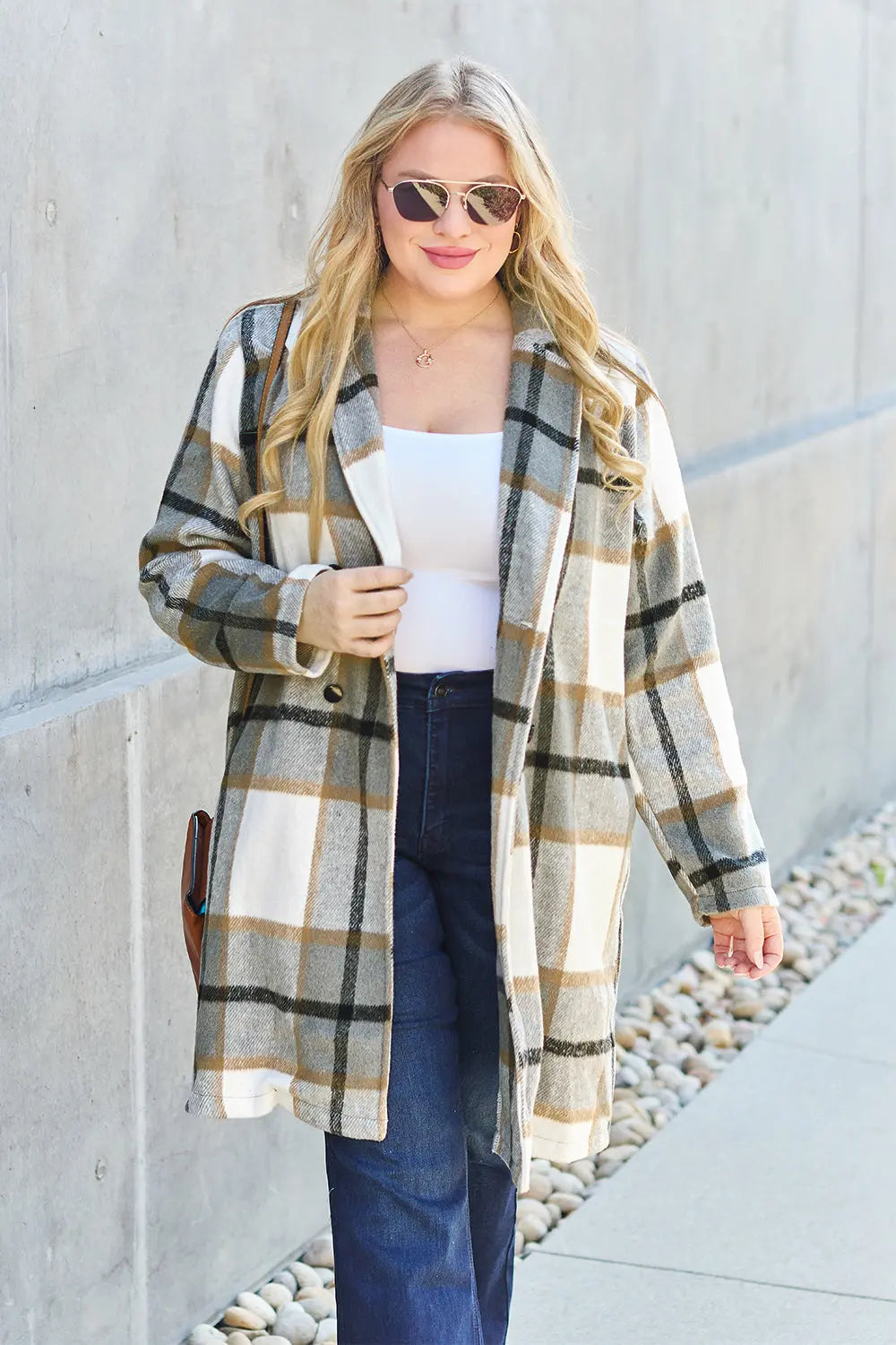 Double Take Full-Size Plaid Lapel Coat - Whispering Desires Shoppe