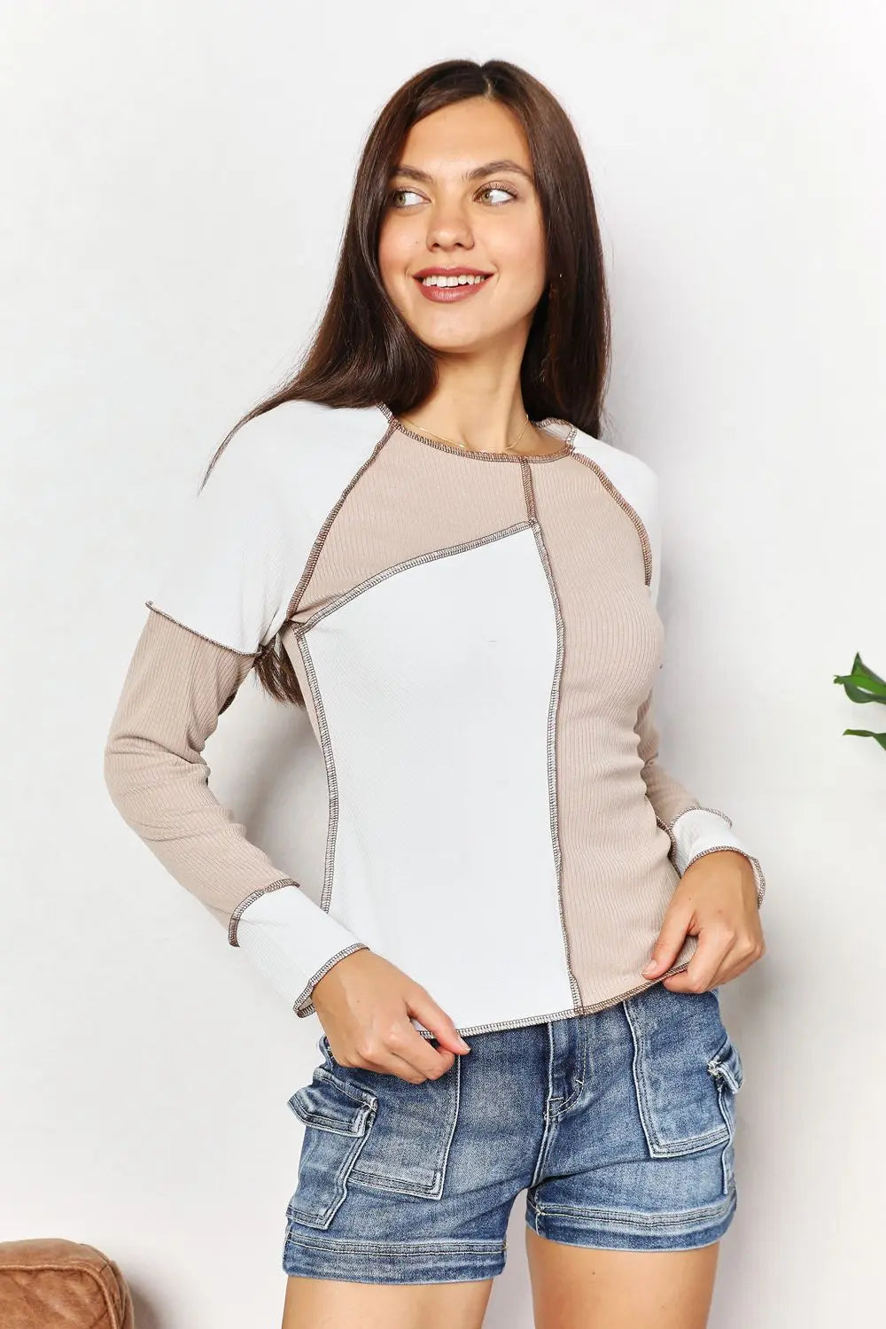 Double Take Colorblock Ribbed Exposed-Seam Top - Whispering Desires Shoppe