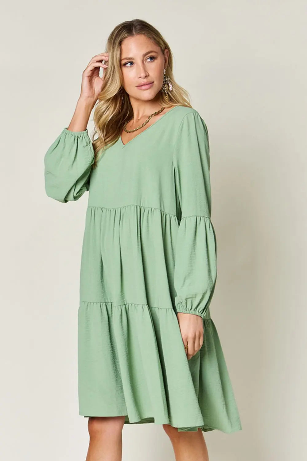 Double Take V-Neck Balloon Sleeve Tiered Dress w/ Pockets - Whispering Desires Shoppe