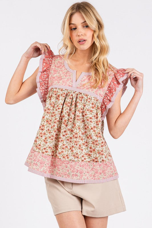 Mittoshop Floral Notched Ruffled Cap Sleeve Blouse - Whispering Desires Shoppe