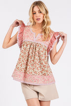 Mittoshop Floral Notched Ruffled Cap Sleeve Blouse - Whispering Desires Shoppe