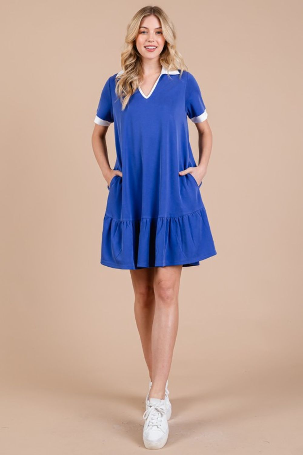 Ces Femme Ruffled Hem Johnny Collar Short Sleeve Dress - Whispering Desires Shoppe