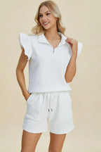 Double Take Flounce Sleeve Top & Drawstring Shorts - Whispering Desires Shoppe