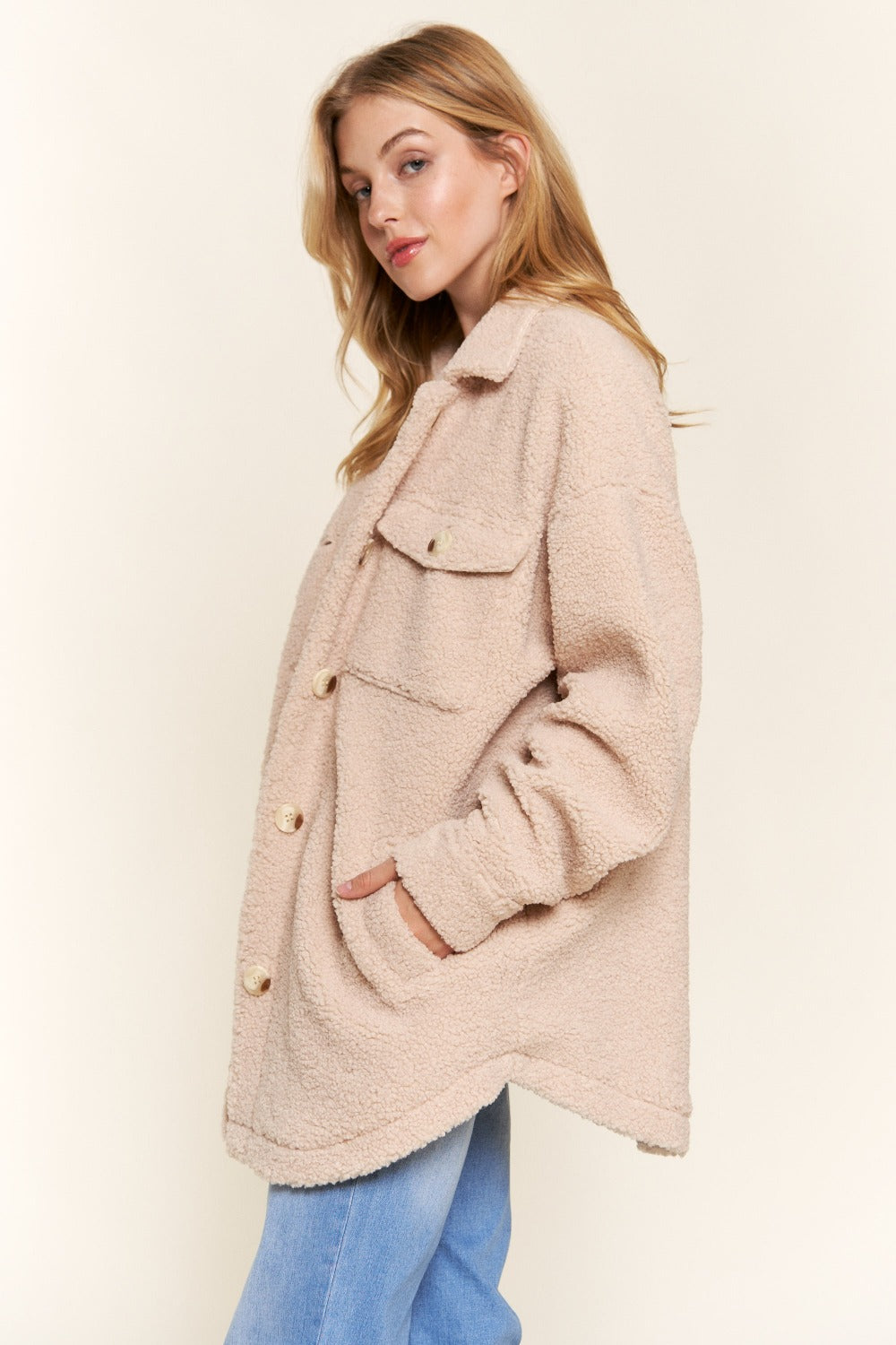 And The Why Teddy Sherpa Button Down Curved Hem Shacket - Whispering Desires Shoppe